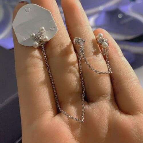 Brand 1:11pc Silver Color White Long Pearl Flower Ear Cuff Paved Cubic Zirconia Sliding Clip Earring Women Jewelry Gift