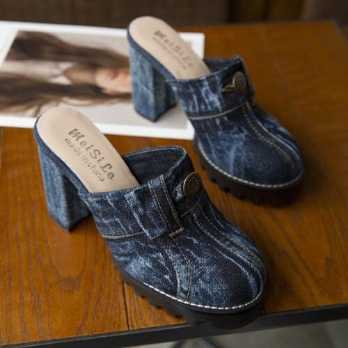 Baotou Blue Denim Slippers Womens Muller Sandals Summer Platform High Heels Denim Womens High Heels Buckle Slippers