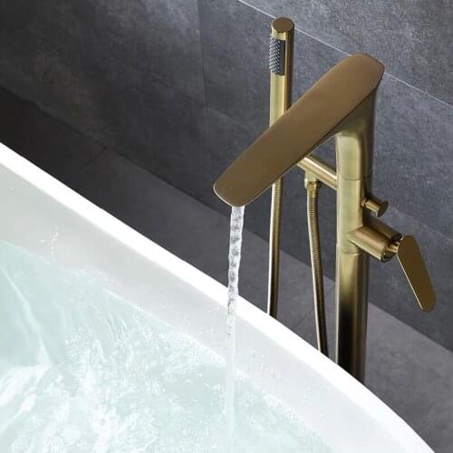 Solid Brass Bathroom Bathtub Shower Faucet Set Brushed Gold Hot & Cold Mixer Tap With Handheld Floor Standing Type Black/Chrome