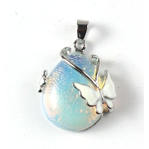 Trendy-beads Elegant Style Silver Plated Water Drop Opalite Opal with Butterfly Pendant Charm Jewelry
