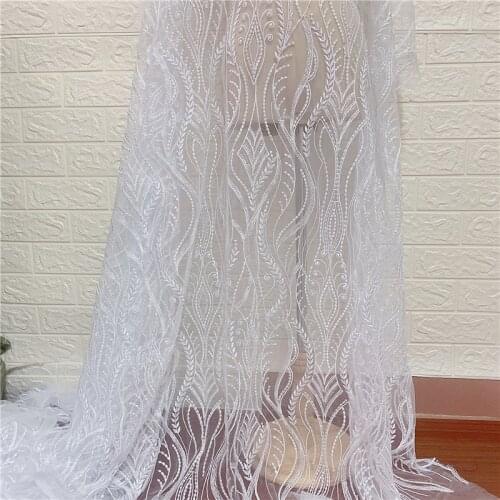 Newest Pure White Sequins strip tulle mesh embroidery lace fabric DIY Weddng Gown Bridal dress Lace fabric sell by yard
