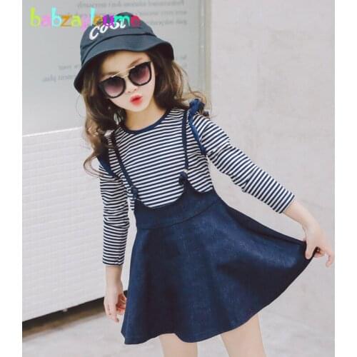 Spring Autumn Korean Children Clothing Store Fashion Stripe Long Sleeves T-shirt+Denim Skirt Kids Costume Baby Girls Sets BC1485