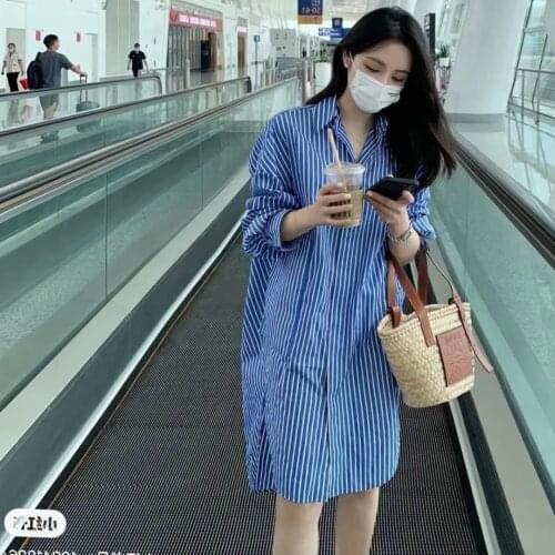 Spring Autumn Casual Loose Long Shirts Women 2021 Long Sleeve Korean Blouse Striped Mid Long Length Shirt Tops Blusas Mujer New