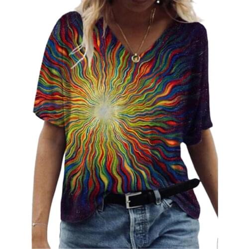 2021 New Summer Women T Shirts 3D Paisley Printing T Shirt Casual Short Sleeve V-Neck Loose Abstract Painting Tops Oversized Tee