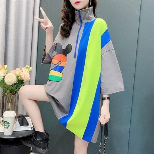 2021 Summer Womens T-shirt Large Size Stand-up Collar Short-sleeved T-shirt Loose Mid-length Design Sense Clothes Women Clothing