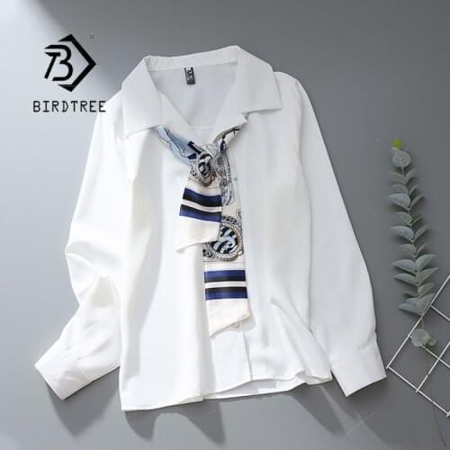 Autumn New Women Vintage Notched Office White Shirts With Ribbon Lantern Sleeve Button Up Chiffon Blouse Casual Basic Tops T1890