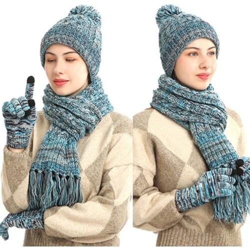 Women Winter 3 Pieces Beanie Hat Tassel Long Scarf Touch Screen Gloves Set Colorful Crochet Knit Plush Lined Pompom Skull Cap Ne