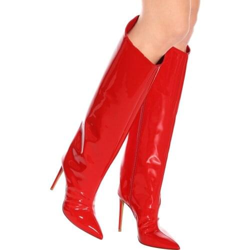 Womens Long Boots Patent Leather High-heeled Knee High Boots Zip Pointed Toe Thin Heels Motorcycle Boot Rome Shoes Woman Botas