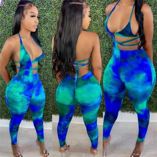CHRONSTYLE Gradient Tie Dyeing Print Jumpsuits 2021 Women Halter Neck Backless Party Club Outfit Summer Hollow Out Rompers Pants