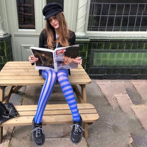 Y2K Women Sexy See-through Pantyhose Vertical and Horizontal Stripe Printed Pattern Tights Black/ Wine Red/ Blue