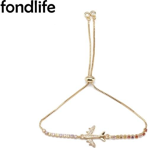 Cubic Zirconia Stone Gold-plated Copper Airplane Charm Bracelet Women CZ Stones Brass Beads Chain Slide Adjustable Jewelry Gift