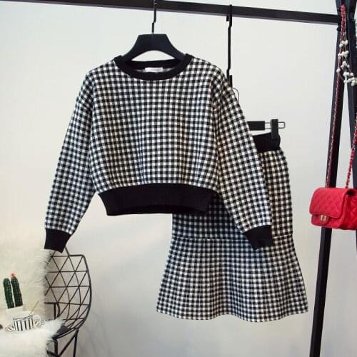 2 piece set women autumn new style womens fashion temperament plaid sweater sweater hips skirt women two piece outfits