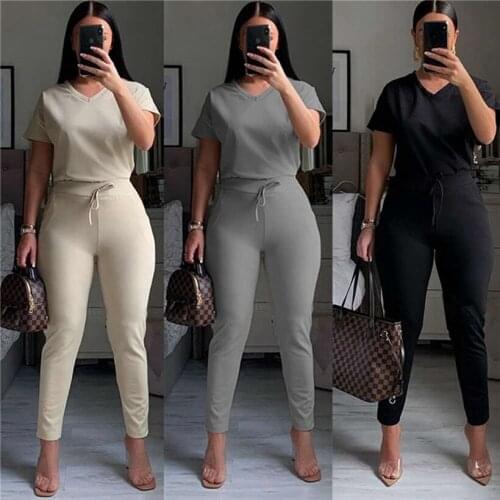 2021 Women Casual Sports 2-piece Outfit Set Short Sleeve V-neck Solid Color Tops WITH Pants Set y2k clothes kawaii harajuku