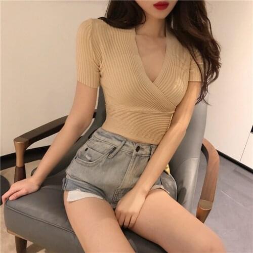2021 Women V-Neck Knit Casual Sexy Crop Top