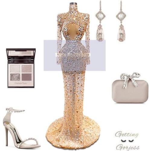 Illusion Sparkly 2020 Arabic Mermaid Evening Dress Floor-Length Beaded Sequins Prom Dress Vestido de festa Formal Dress Dubai