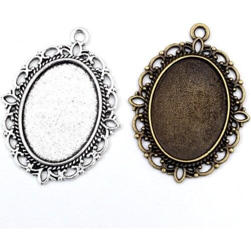 10pcs Fit 25X18mm Glass Gem Pendant Frame Round Pendant Blanks Base Setting Cameo Cabochons Jewelry Making Necklace Accessories