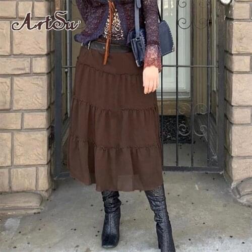 Artsu Dark Brown Ruffles Fairygrunge Midi Skirts Women Low Waist Summer Long Skirt Solid Aesthetic Mesh 90s Streetwear