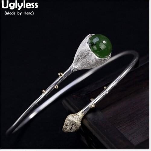 Uglyless 100% Real Solid 925 Sterling Silver Lotus Bangles for Women Natural Jade Flower Bracelets Jasper Open Bangle Fine Jewel