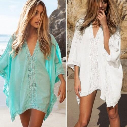 BYUAN 2018 Summer Loose Women Dress Hollow Sexy Beach Dress Women Green White Batwing Sleeve Ladies Dresses Sun Clothes