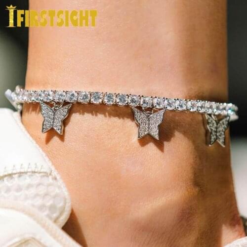 New Cz Butterfly Charm Anklet Iced Out Bling Rose Gold Silver Color 21+5cm Clear 5mm Tennis Chain Animal Hiphop Women Jewelry