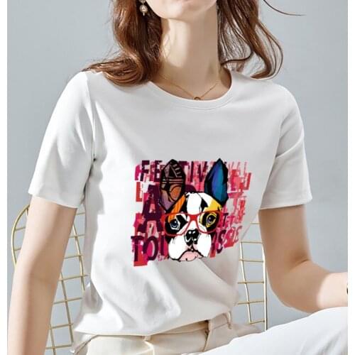 T-shirt Womens Casual Street Fashion Trend Commuting Cute Cool Dog Pattern Printing O-neck Ladies Comfortable Soft White Shirt