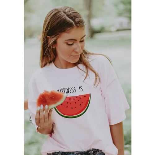 Happiness Is Watermelon Print Summer Womens T-shirt Casual Female Short Sleeve Round Neck T Shirt Camisas Mujer Graphic Tees