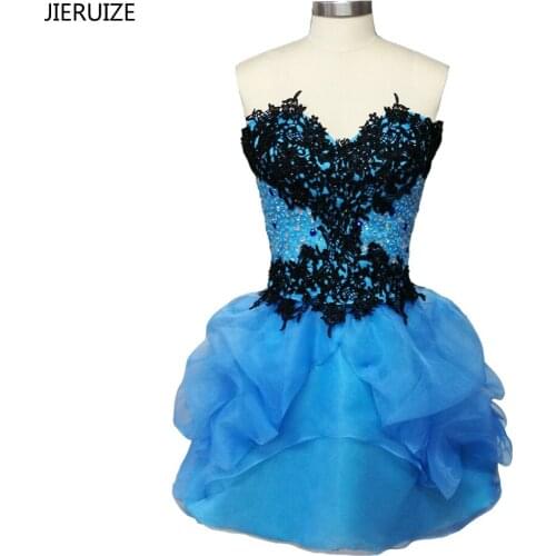 JIERUIZE Blue Organza Black Lace Appliques Short Prom Dresses Sweetheart Beaded Short Cocktail Party Dresses abendkleider
