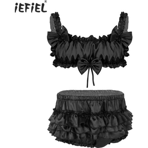 Gay Men Satin Lingerie Underwear Set Ruffled Frilly Elastic Wire-free Bra Crop Top Bloomer Tiered Skirted Panties Sexy Nightwear
