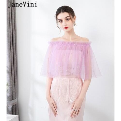 JaneVini Hot Selling Bride Bolero Sheer Tulle Shrugs for Women Summer Pearls Lace Up White Wedding Short Cape Bridesmaid Wraps