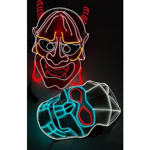 Halloween Scary Ghost Face Cover Cosplay Led Costume Face Covering EL Wire Light up Headgear for Halloween Festival Party