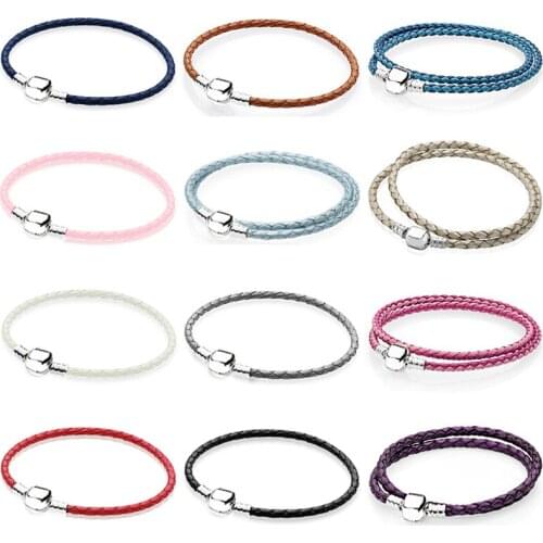 NEW Fashion 925 Sterling Silver Multicolor Mixed 12 Colors Women Double-Leather Bracelet Fit Charm DIY Gift Original Iconic Bead