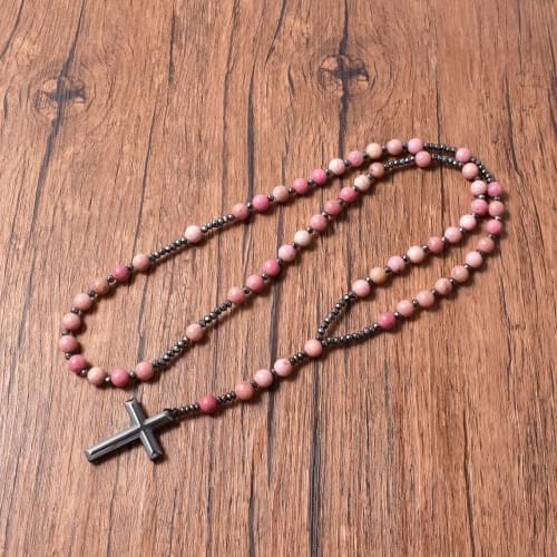Natural AAA Rhodonite Mala Beads Necklaces Cross Catholic Christ Rosary Hematite Pendant Necklace For Women , Men