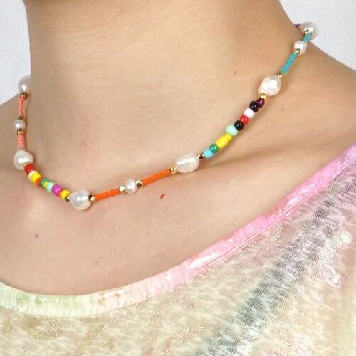 Natural Pearl Rainbow Rice Bead Necklace Women Beads Necklace Imitation Pearl Choker Handmade Chain for Women Choker Necklace