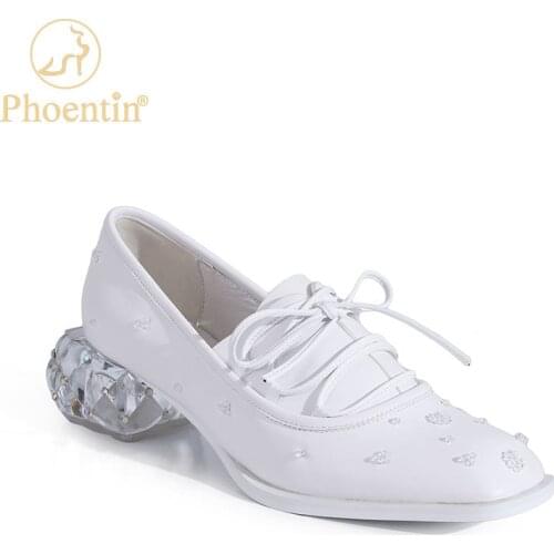 Phoentin white retro Loafers for woman 2020 autumn new real leather shoes mid heel pumps crystal heels lace-up shoes FT1116