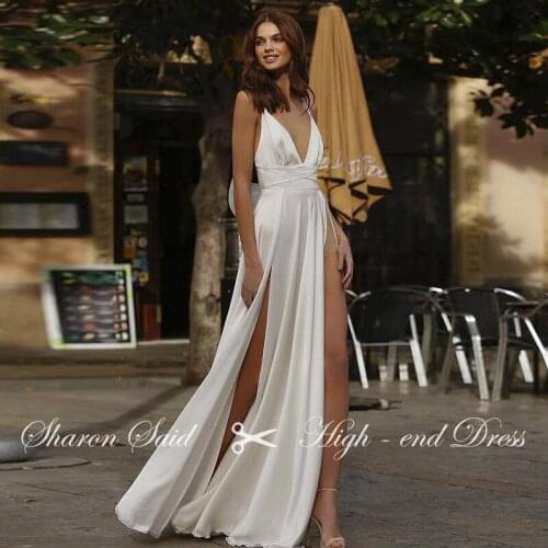 Sexy Plunging V Neck Wedding Dress Boho Rustic Side Split Chiffon Beach Bridal Gown Backless Civil Wedding Dresses 2021 Vestidos