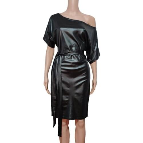 Dress Woman Stretch Faux Leather Diagonal Collar Bat Wing Short Sleeve Bodycon