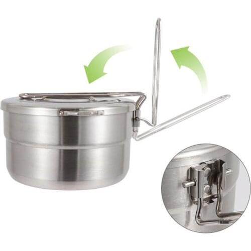 Camping Cooking 1.5L Stainless Steel Pot with Foldable Handle and Dual Use Cover Portable for Hiking Backpacking Picnic