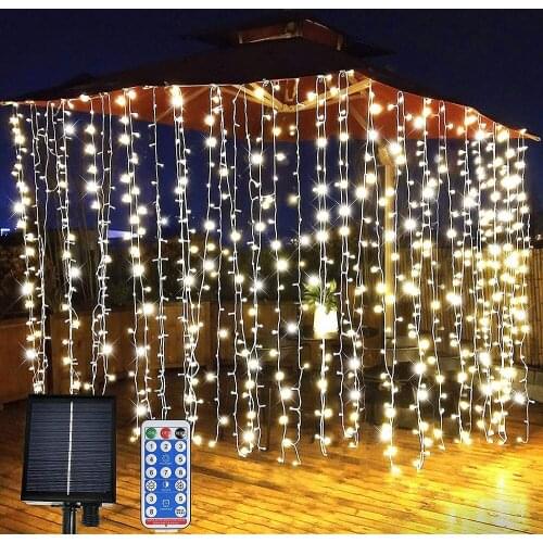 Solar Powered LED Window Curtain Fairy Lights 8 Modes Silver Wire icicle String Lights for Outdoor Christmas Wedding Garden