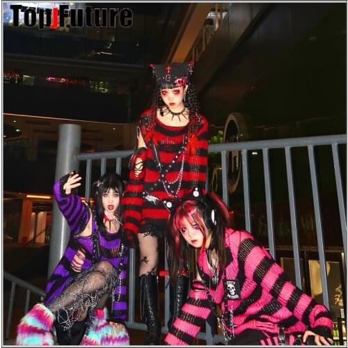 Women Girl decorat Sweater Gothic Punk Striped Knitted Sweater Loose Female Harajuku hole Decadence laziness long Pullover