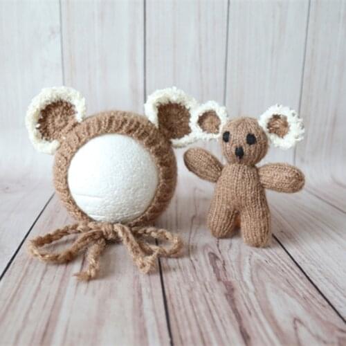 Knitted Cute Animal Hat and Toy set Newborn Dolls Crochet Koala Hat Baby Boy Bonnet Newborn Stuffed Hat Photography Props