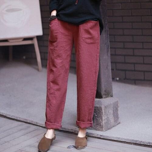 Johnature Women Straight Pants Casual 2021 Autumn New Pockets Elastic Waist Loose Cotton Linen Patchwork Vintage Original Pants