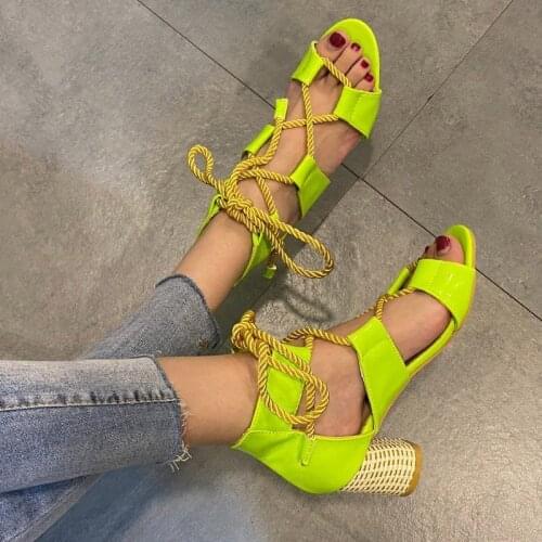 Color Matching Hemp Rope Strappy Green Heels Sandals Womens Thick Heel High-heeled Hollow Fish Mouth Large Size Women Sandals