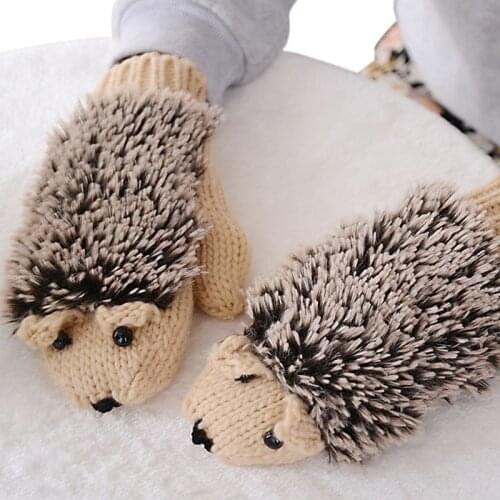 Womens Cartoon Hedgehog Gloves Thicken Winter Hand Warmer Knitted Wrist Mittens Dropshipping
