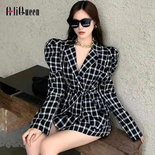 Korean Fashion Ladies Belted Puff Long Sleeve Plaid Blazer Jacket Women Casual Black Slim Pockets Coats Streetwear Outerwear