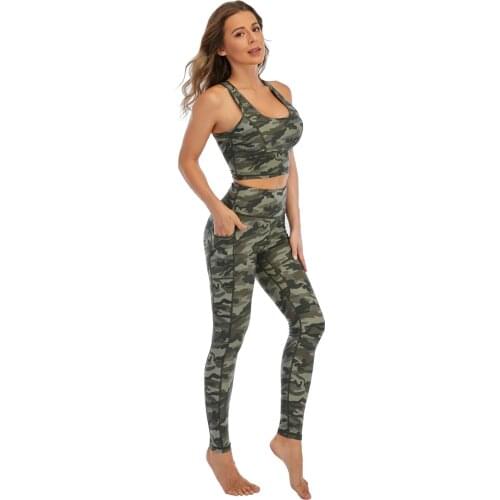 Yoga Outfits for Women 2 Piece Set Workout Camouflage High Waist Athletic Seamless Leggings and Sports Bra Set Gym Clothes