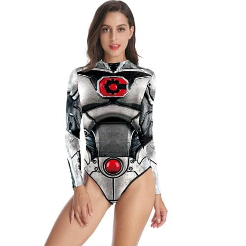 [You're My Secret] Fashion Punk Steel Bone Printed Swimsuit Women Long Sleeves One-piece Beach Bodysuit Surfing Swimwear Summer