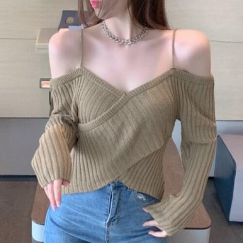 Spring Autumn Strapless Irregular Pure Color Pullover Womens 2021 New Korean Fashion V-Neck Sling Knitting Sweaters Female Tops