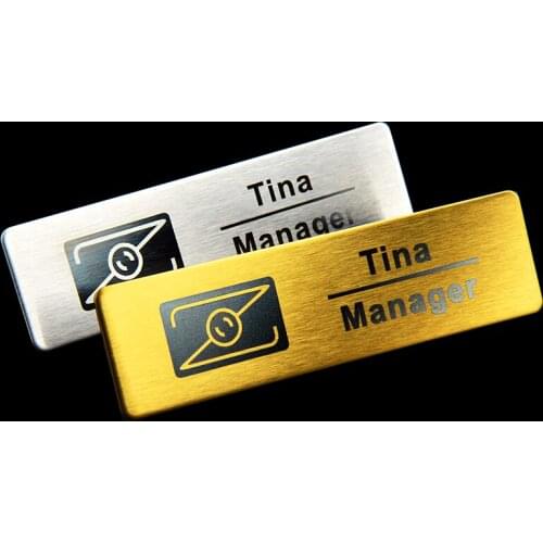 10pcs custom 70X20mm personalized name tag badge laser logo metal id badge with pin or magnet back