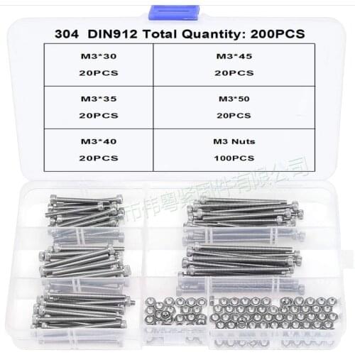 200pcs/Lot M3 304 Stainless Steel Hexagon Socket Head Cap Socket Screws Hex Bolt Nuts Set