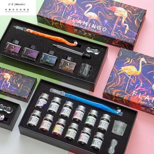 5pcs/set Creative Flamingo Fountain Pen+7ml * 3 Colors Ink Gift Box Set Crystal Glass Pen Dip Pen School Writing Supplies